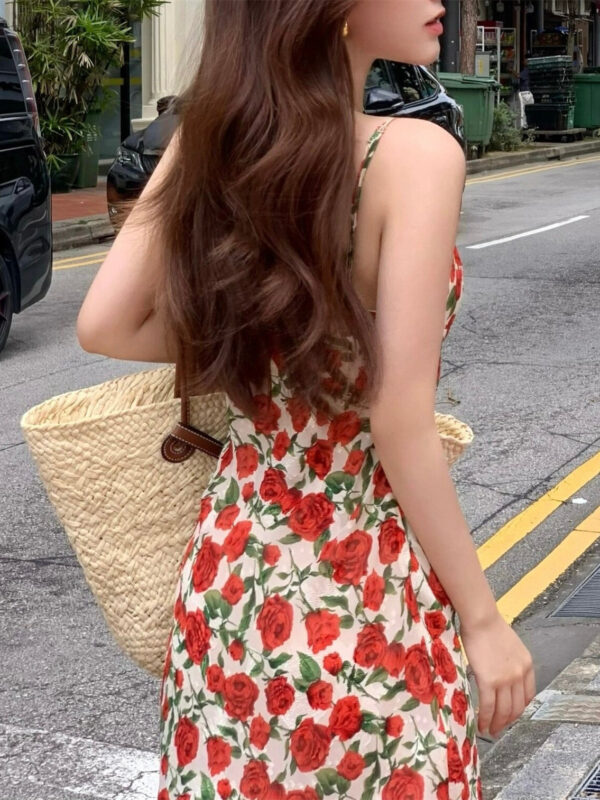 French Retro Rose Floral Strap Beautiful Gentle Slimming Dress - Image 8