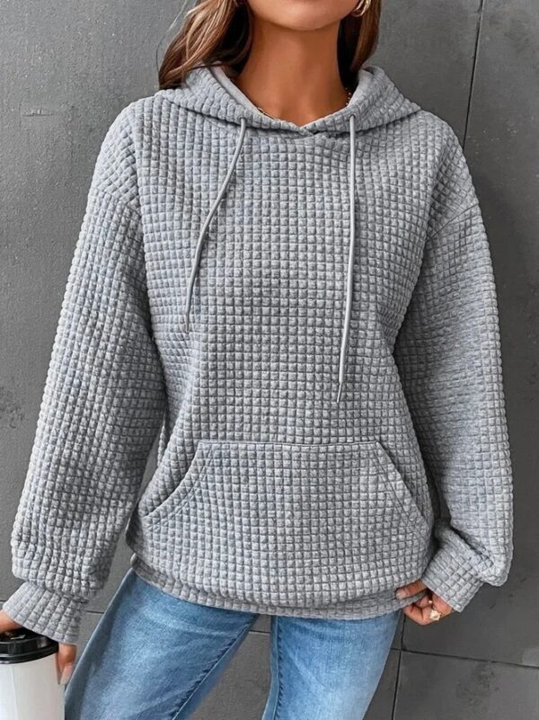 Small Plaid Pocket Long Sleeved Solid Color Top Hoodie - Image 3