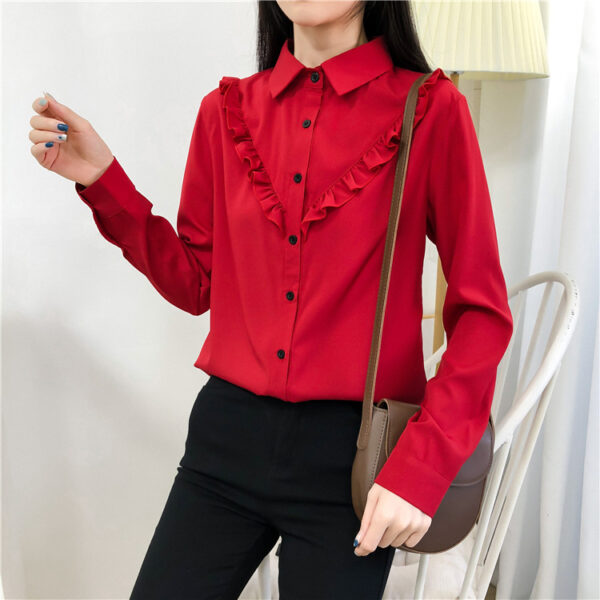 New Fashion All Match Ruffled Retro Solid Color Blouse Women