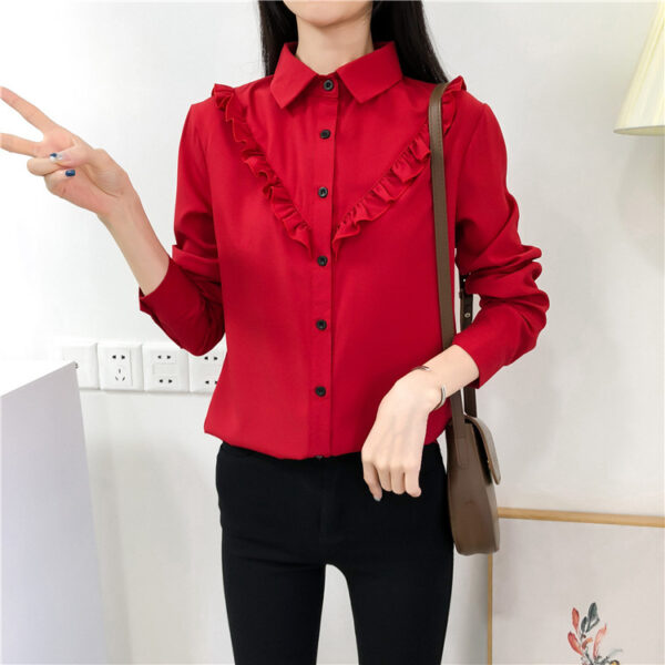 New Fashion All Match Ruffled Retro Solid Color Blouse Women - Image 5