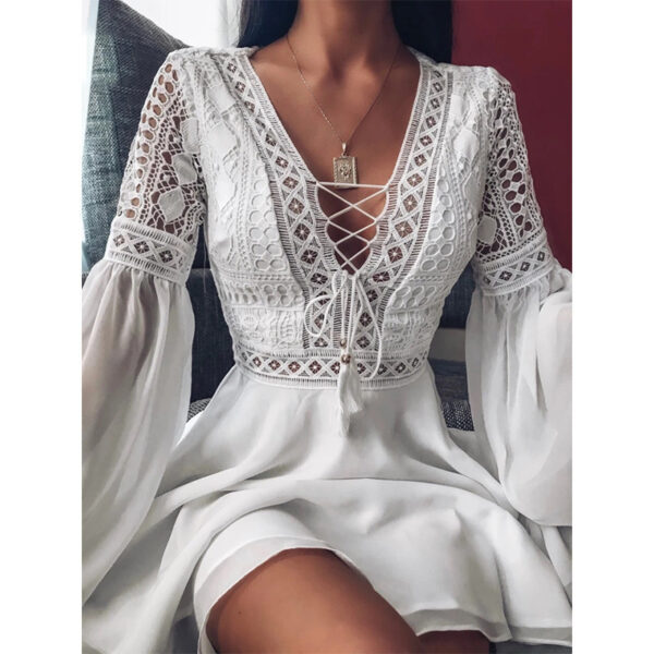 Long Sleeve V-neck Lace Up Hollow Dress Short - Image 4