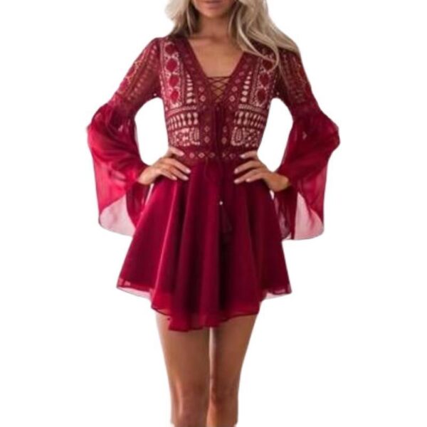 Long Sleeve V-neck Lace Up Hollow Dress Short - Image 7