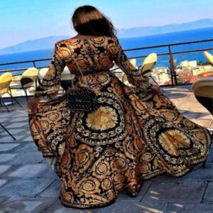 Women’s Vintage V-Neck Pullover Print Dress