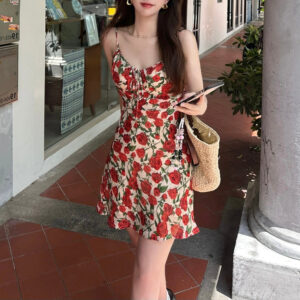 French Retro Rose Floral Strap Beautiful Gentle Slimming Dress