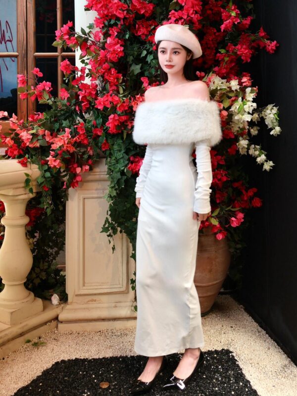 New Off-shoulder Shoulder-baring Tight Waist Sheath Long Sleeve Knitted Dress - Image 4