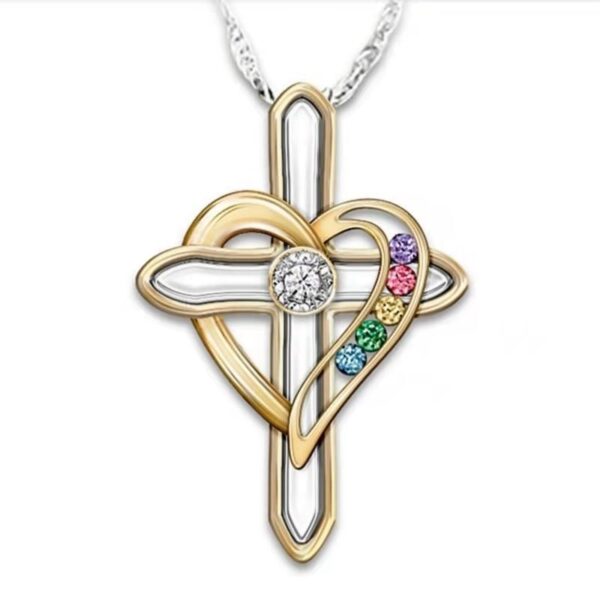 Cross Love Colorful Imitatio Gemstone Pendant Alloy Clavicle Chain - Image 3