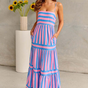Summer Striped Printed Suspender Long Dress With Pockets Fashion Square Neck Backless Dresses For Beach Vacation Women Clothing