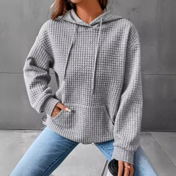 Small Plaid Pocket Long Sleeved Solid Color Top Hoodie - Image 4