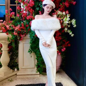 New Off-shoulder Shoulder-baring Tight Waist Sheath Long Sleeve Knitted Dress