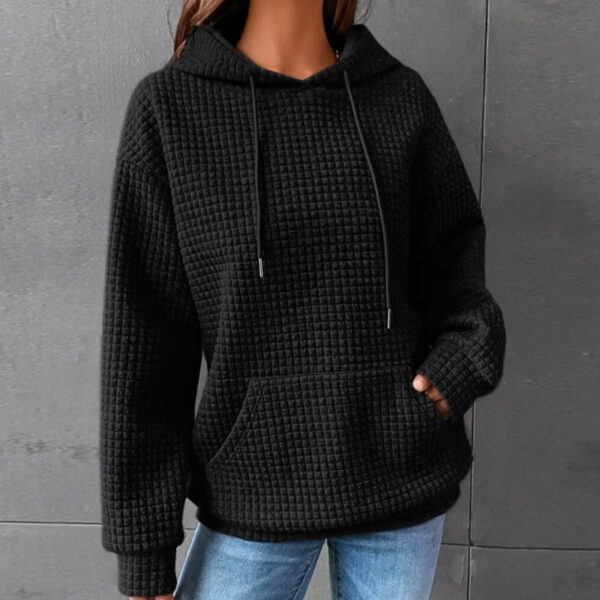 Small Plaid Pocket Long Sleeved Solid Color Top Hoodie - Image 5