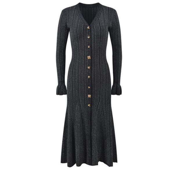 V-neck Single Breasted Bell Sleeve Slim Fit Dress - Image 4