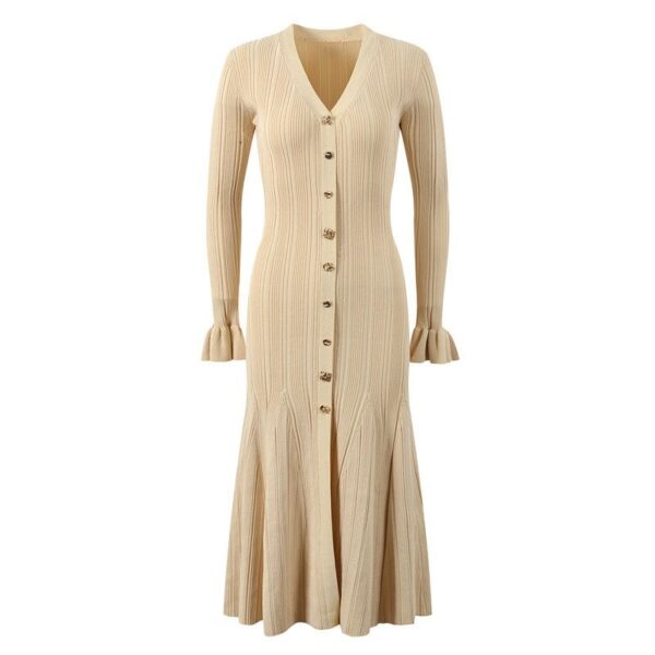 V-neck Single Breasted Bell Sleeve Slim Fit Dress - Image 6