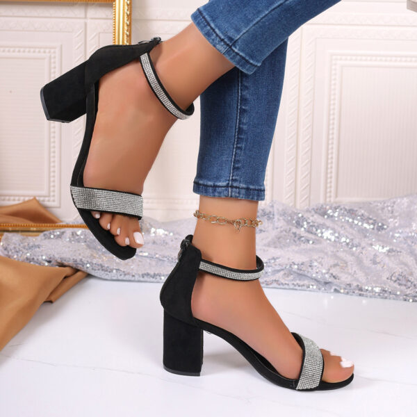 Rhinestone High Heel Sandals Summer Chunky Square Heel Sandals Open Toe Strappy Shoes - Image 3