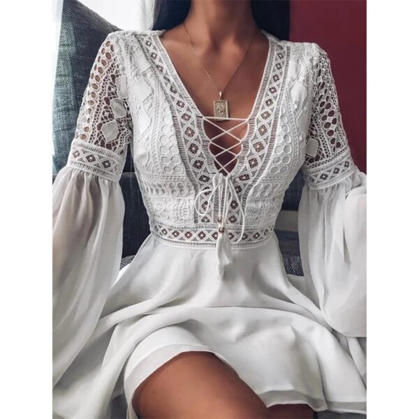 Long Sleeve V-neck Lace Up Hollow Dress Short - Image 6