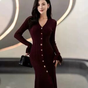 V-neck Single Breasted Bell Sleeve Slim Fit Dress