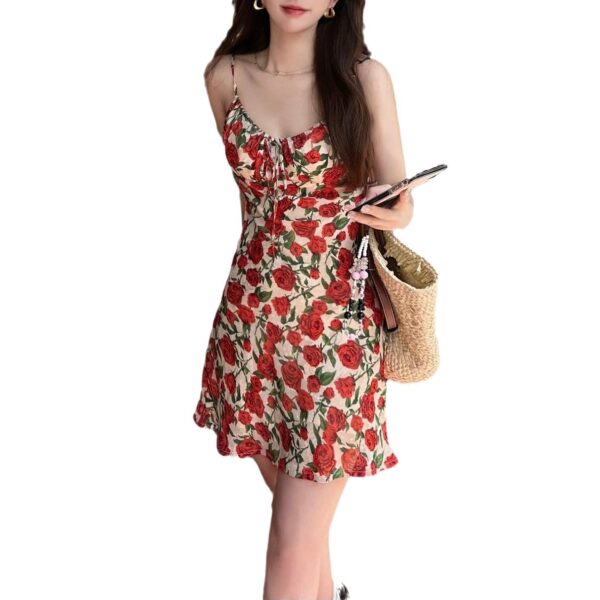 French Retro Rose Floral Strap Beautiful Gentle Slimming Dress - Image 7