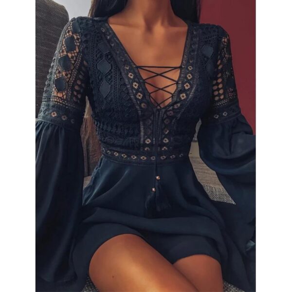 Long Sleeve V-neck Lace Up Hollow Dress Short - Image 8