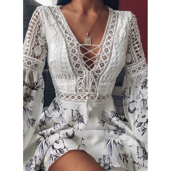 Long Sleeve V-neck Lace Up Hollow Dress Short - Image 2