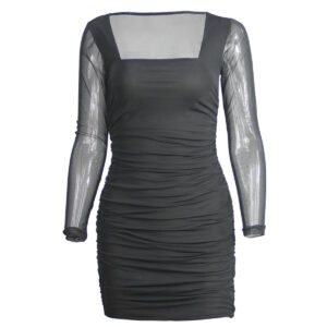 Yamamei Autumn And Winter Women’s Black Sheer Mesh Long Sleeve Pleated Dress