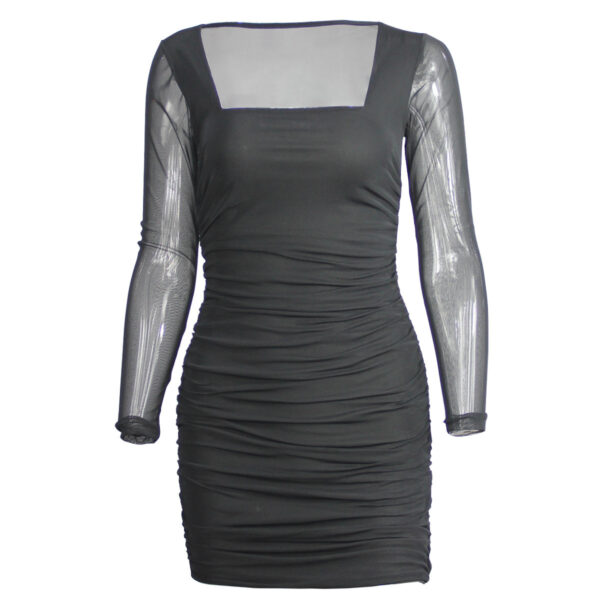 Yamamei Autumn And Winter Women's Black Sheer Mesh Long Sleeve Pleated Dress - Image 2