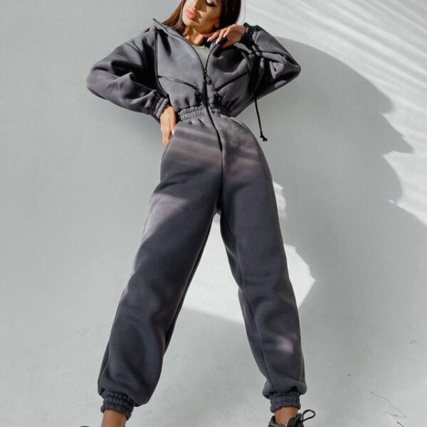 Casual Women Basic Hoodie Two Piece Sets Zipper Drawstring - Image 7