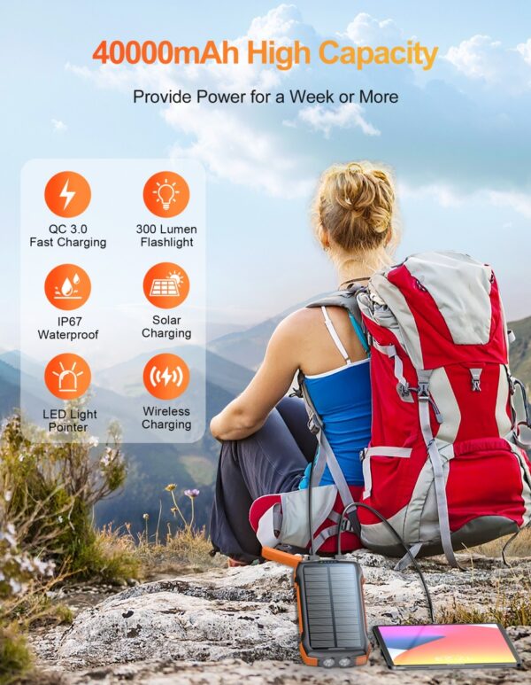 New Product Large Capacity 20000mAh 3 USB C Flashlight Ip67 Waterproof High-speed Wireless Charger Solar Power Bank - Image 6