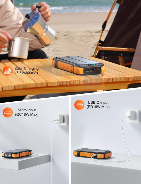 New Product Large Capacity 20000mAh 3 USB C Flashlight Ip67 Waterproof High-speed Wireless Charger Solar Power Bank - Image 3