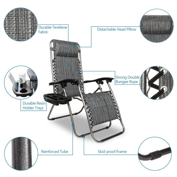 2pcs , Adjustable Folding Lounger With Pillow And Practical Tray For Deck, Terrace, Beach, Patio, Grey - Image 7