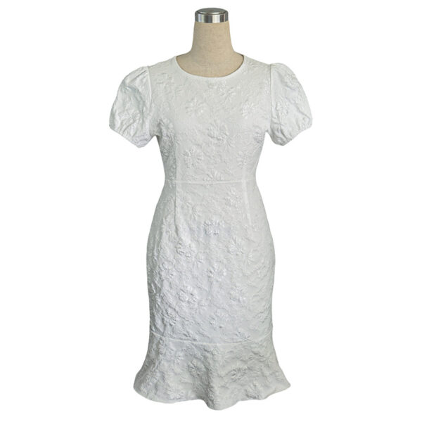 Women's Floral Jacquard Dress Women's Short Puff Sleeve Crew Neck Ruffle Hem Bodycon Dresses - Image 5