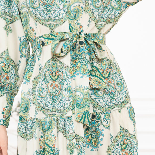 Elegant Style High Collar Flowers Belt Shirt Sleeve Long Dresses - Image 5