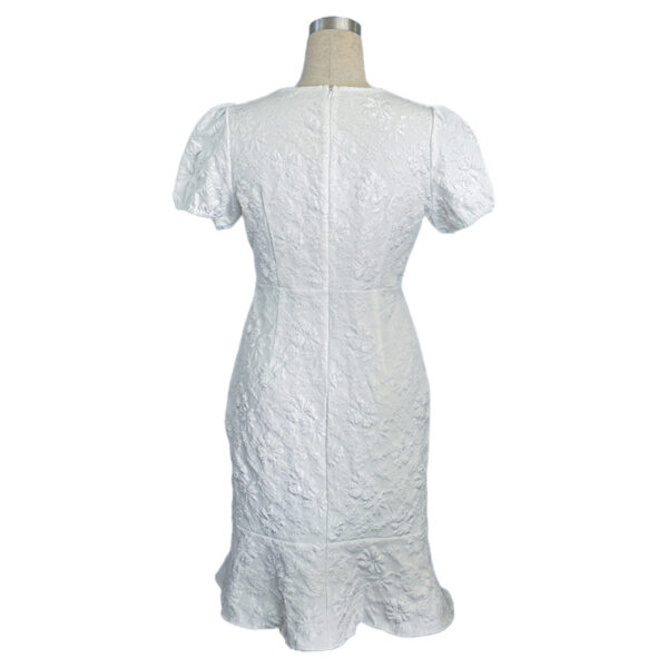 Women's Floral Jacquard Dress Women's Short Puff Sleeve Crew Neck Ruffle Hem Bodycon Dresses - Image 9