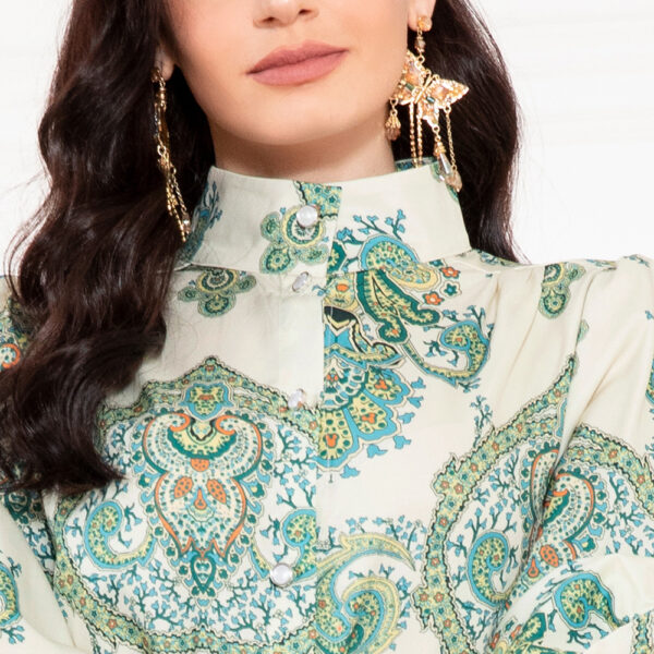 Elegant Style High Collar Flowers Belt Shirt Sleeve Long Dresses - Image 3