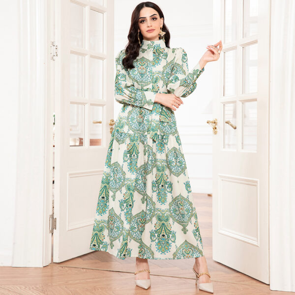 Elegant Style High Collar Flowers Belt Shirt Sleeve Long Dresses - Image 6