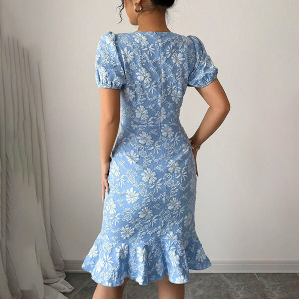 Women's Floral Jacquard Dress Women's Short Puff Sleeve Crew Neck Ruffle Hem Bodycon Dresses - Image 4